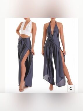 Satin Halter Plunge convertible pant to jumpsuit- steel blue